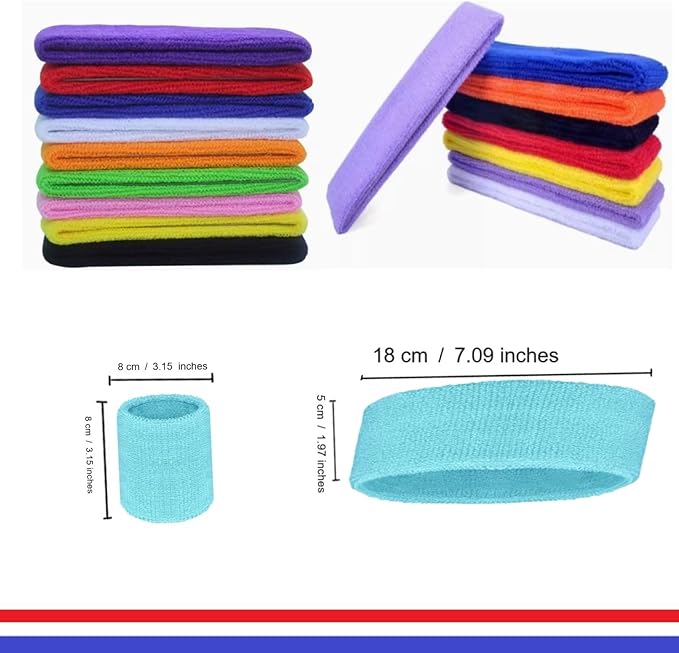 24 Pcs Neon Sweatbands Set Include 8 Pcs Sports Headband and 16 Pcs Cotton Wristbands 80s Neon Sweat Bands Bulk for Gym, Tennis, Basketball, Running, Exercise