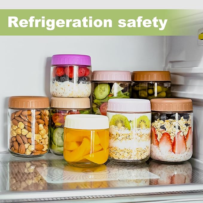 Overnight Oats Containers with Lids, Glass Jars with Lids 4 pcs, Wide Mouth Mason jars for Salad, Yogurt, Snacks, Meal Prep