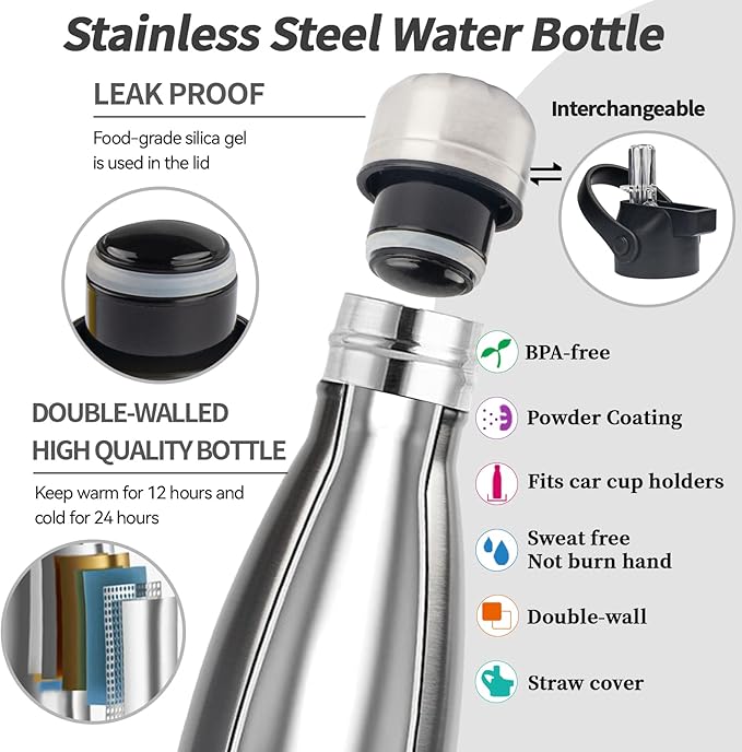 Insulated Water Bottle,17oz Stainless Steel Water Bottles with straw lid, Metal Sports Water Bottles for Boys,Girls, Double Wall Vacuum BPA-Free Flask for School, Sports(SLIVER)
