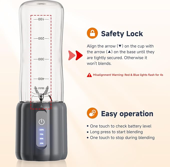 COKUNST Portable Blender, 17Oz Personal Blender for Shakes and Smoothies, USB Rechargeable Mini Mixer with 6 Blades, Smoothie Blenders Juicer with Extra Handle Lid for Travel Kitchen Outgoing