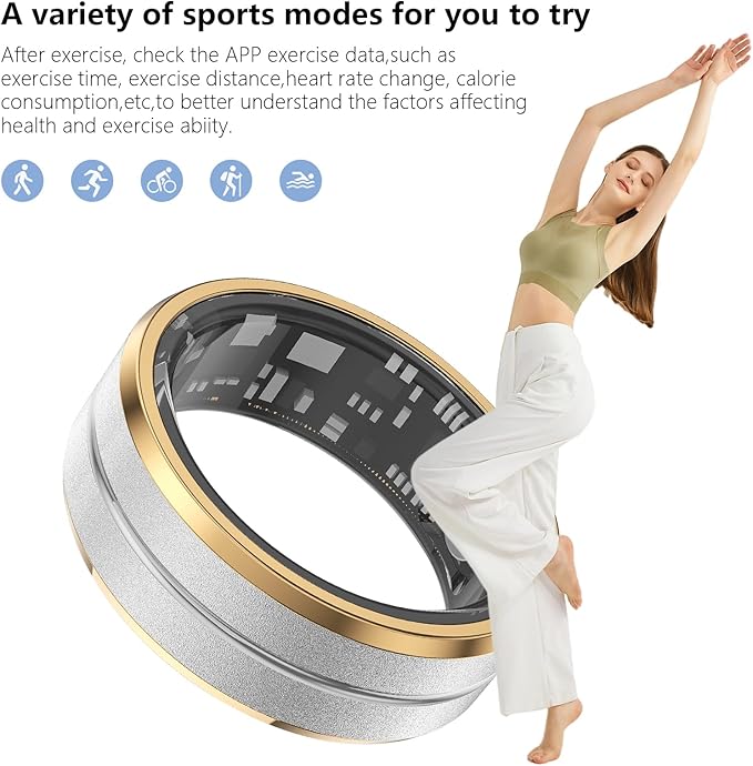 Fitness Tracker Smart Ring,Step Counter,Heart Rate Blood Oxygen Sleep Tracker Health Ring, 5ATM Waterproof Long Battery Life Smart Rings Compatible with iOS & Android (Silver with Side Gold, US 7)