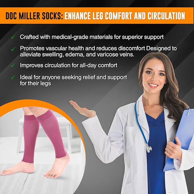 Doc Miller Compression Calf Sleeve for Men & Women, Premium Medical Grade, 15-20mmHg Graduated Support for Running, Calf Tear, Shin Splints, Knee High, Calf Sleeves, 1 Pair
