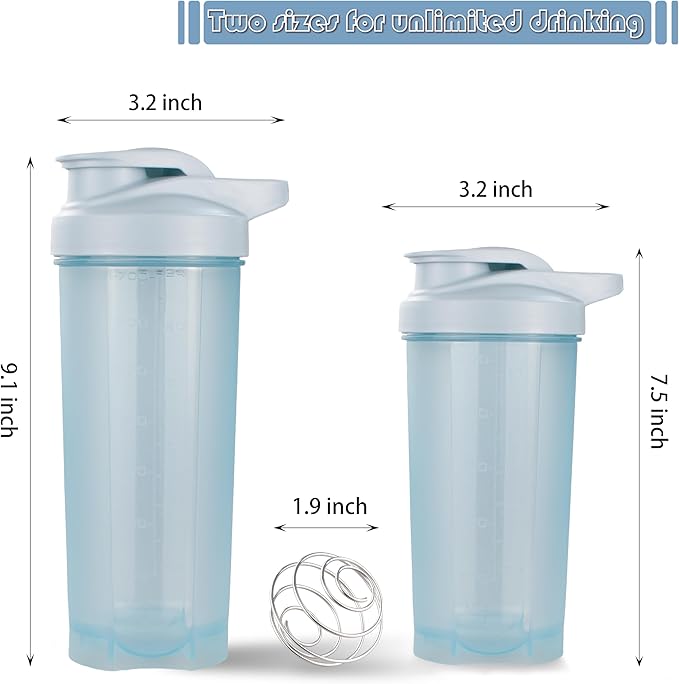 ShakerZoo-6 Pack-Protein Shaker Bottles for Protein Mixes, Shaker Cups for Protein Shakes, 3 pcs 24 ounce and 3 pcs 20 ounce (Blue)