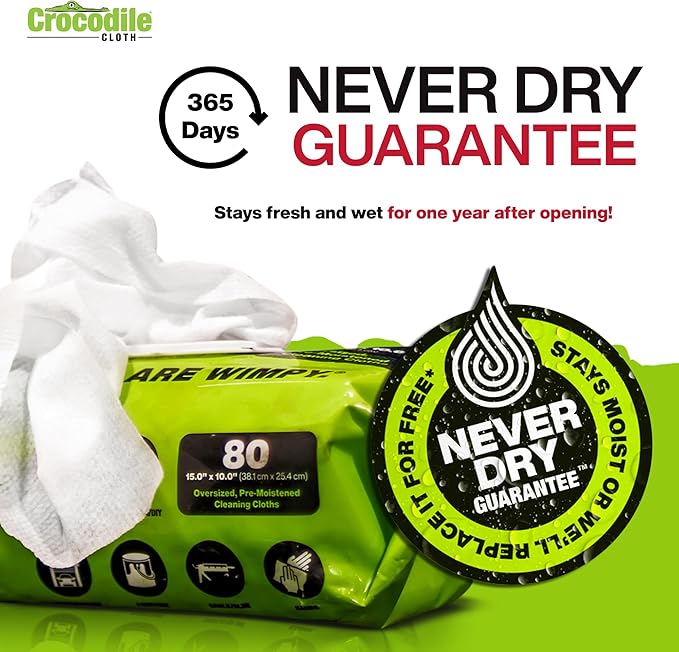 Crocodile Cloth PowerSCRUB Cleaning Wipes – 80 (15" x 10") Dual-Surface Cloths, Heavy-Duty, Moist, Absorbent, & Disposable - Safe on Skin & Multiple Surfaces