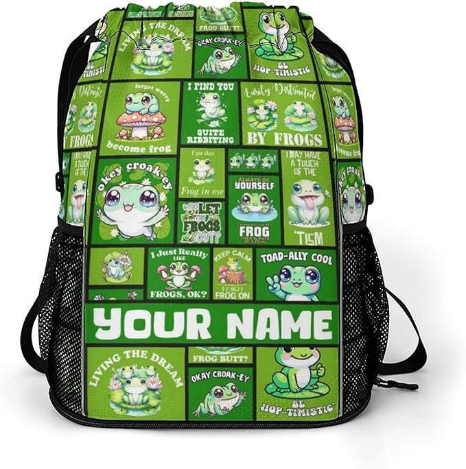 Custom Frog Drawstring Backpack - Cute Cinch Sack, String Backpacks with Pocket for Kids Women Men Boys Girls for Gym Outdoor Sports Travel Athletic Drawstring Bag - Lightweight/Foldable