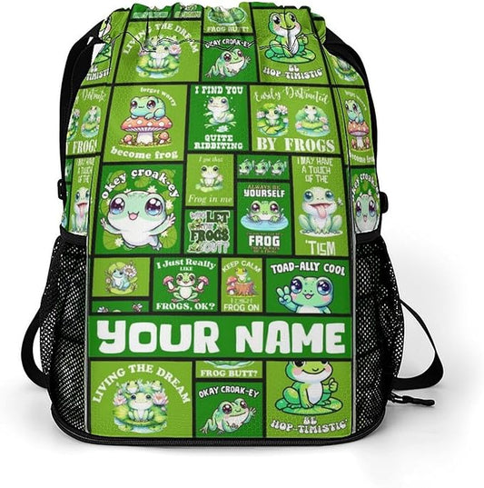 Custom Frog Drawstring Backpack - Cute Cinch Sack, String Backpacks with Pocket for Kids Women Men Boys Girls for Gym Outdoor Sports Travel Athletic Drawstring Bag - Lightweight/Foldable