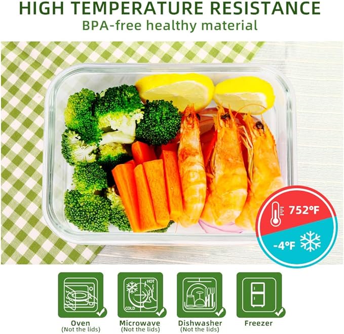 DAS TRUST 3 Pack Glass Food Storage Containers Reusable Meal Prep Containers Reusable Fridge Organizers Lunch Container for Adults Food Storage Containers with Lid Airtight Pizza Storage Salad