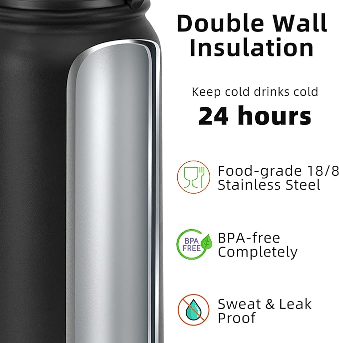 Fanhaw 32 Oz Stainless Steel Insulated Sports Water Bottles with Straw for Kids, Men and Women (Black)