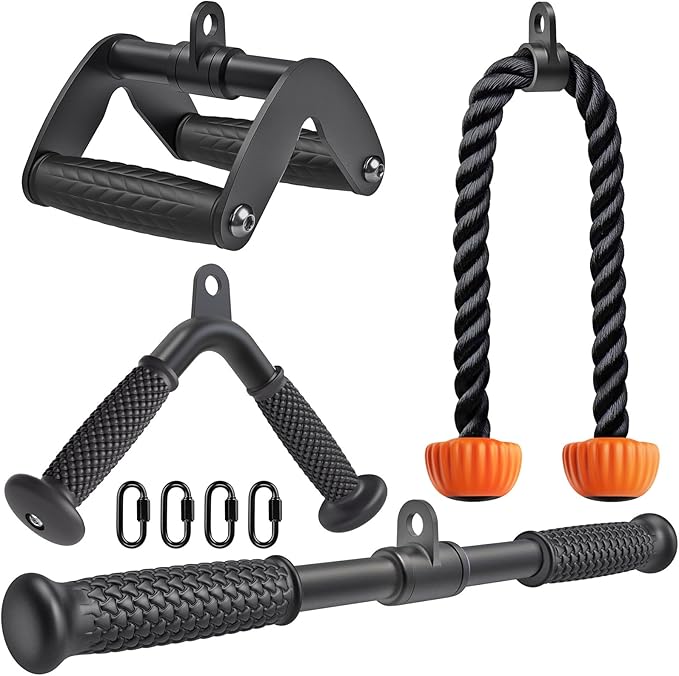 SELEWARE Triceps LAT Pulldown Attachments Home Gym Workout Accessories with Non-Slip Soft Rubber Grip Cable Machine Attachments Triceps Rope Double D Row Handle Pull Down Bar Straight Bar Exercise
