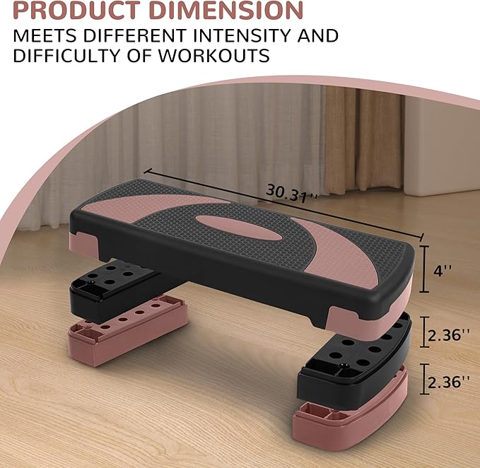 Step Aerobic Platform, 31" Exercise Step with 3 levels Adjustable Height, 4 Stackable Risers, Fitness Training Workout Stepper for Home Gym, Cardio Strength, Black & Pink