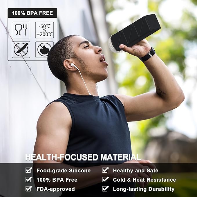 Collapsible Water Bottles 20.6oz 2 Pack, Silicone Foldable Portable Travel Water Bottle, Lightweight Reusable Leakproof for Travel Camping Hiking Cycling Yoga Sports Outdoor (Black+Blue)