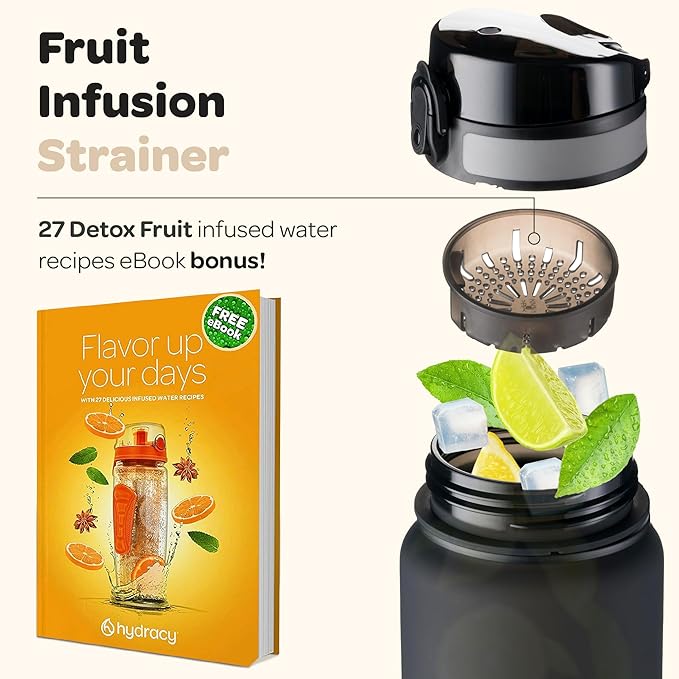 Hydracy Water Bottle with Time Marker -Large BPA Free Water Bottle & No Sweat Sleeve -Leak Proof Gym Bottle with Fruit Infuser Strainer & Times to Drink -Ideal for Fitness Sports & Outdoors