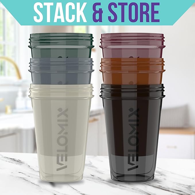 -6 PACK- Shaker Cups for Protein Shakes 20 oz - 6x Wire Whisk | Leak Proof Protein Shaker Bottle for Protein Shakes, Shaker Bottle Pack for Pre & Post Workout, Shaker Cup (Mood Tones)