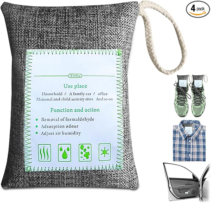 4 Pack charcoal odor absorber,Bamboo Charcoals Air Purifying Bag Charcoals Deodorizer Eliminator for Strong Odors in Car, Closet, Shoe, Basement (250G*4 Pack Gray, Unscented)