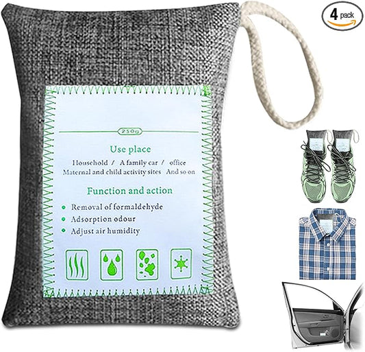 4 Pack charcoal odor absorber,Bamboo Charcoals Air Purifying Bag Charcoals Deodorizer Eliminator for Strong Odors in Car, Closet, Shoe, Basement (250G*4 Pack Gray, Unscented)