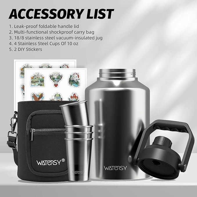 1 Gallon Water Bottle Insulated Comes with Four Stainless Steel Cups and DIY Stickers,BPA Free&Leak Proof,128oz Stainless Steel Water Jug,Big thermo with Handle for Gym,Hiking,Camping&Travel