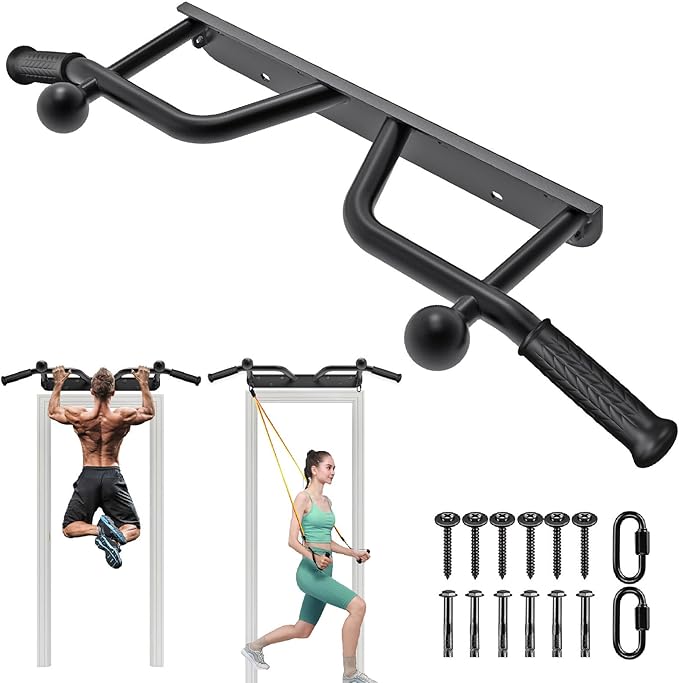 Pull Up Bar Wall Mount 440 LBS Capacity Doorway Chin Up Bar Multifunctional Steel Chinup Bar with with Resistance Band Hooks for Indoor Home Gym Garage