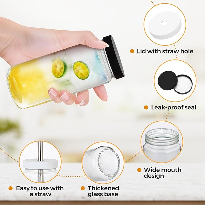 6pcs 18oz Glass Juice Bottles with Lid, Clear Water Bottle Drink Containers with Caps, Reusable Tall Mason Jar for Drinking, Smoothie and Other Beverages BPA Free 100% Leak Proof Drinking Jar