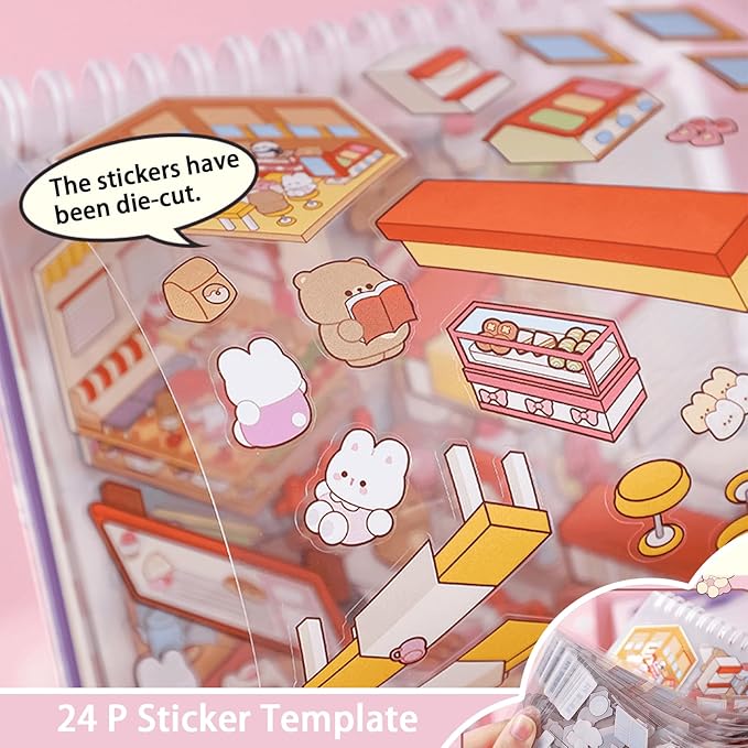 20 Sets DIY 3D Scene Sticker Book for Adults,Cute Sticker Therapy 3D Scenes Relief Stress Pass -Bakery, Library, Panda Supermarket,Tea Party