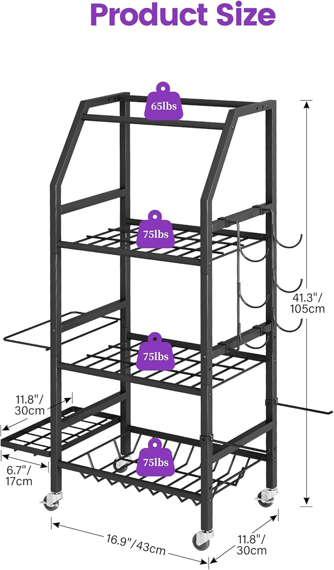 Homeiju Dumbbell Rack, Weight Rack for Home Gym, Yoga Mat Storage Holder with Lockable Wheels, Dumbbell Stand with Hooks, All in One Work out Equipment Storage for Yoga Mat Dumbbell and Balls