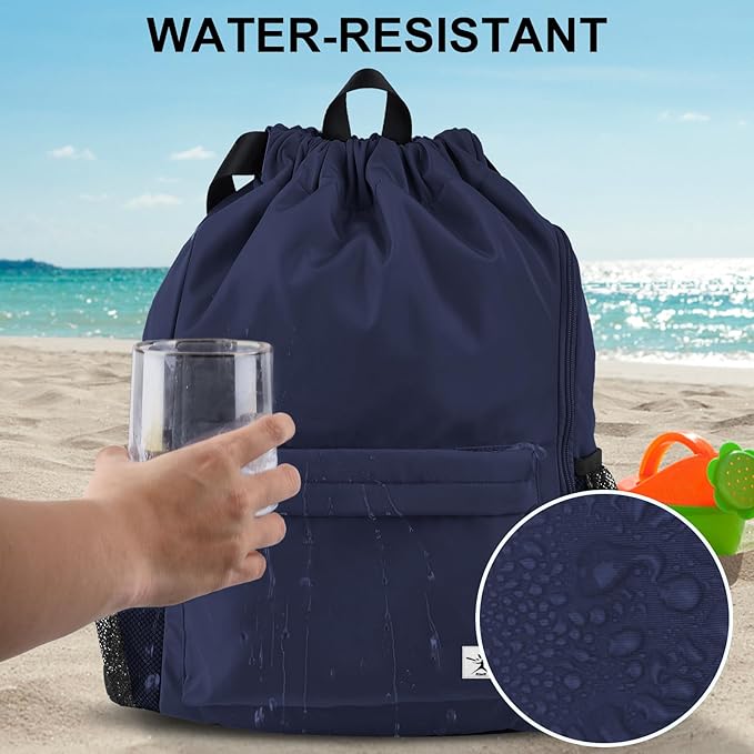 Drawstring Backpack with Mesh Pockets String Gym Bag Sackpack Sandproof Water Resistant Beach Backpack for Men Women