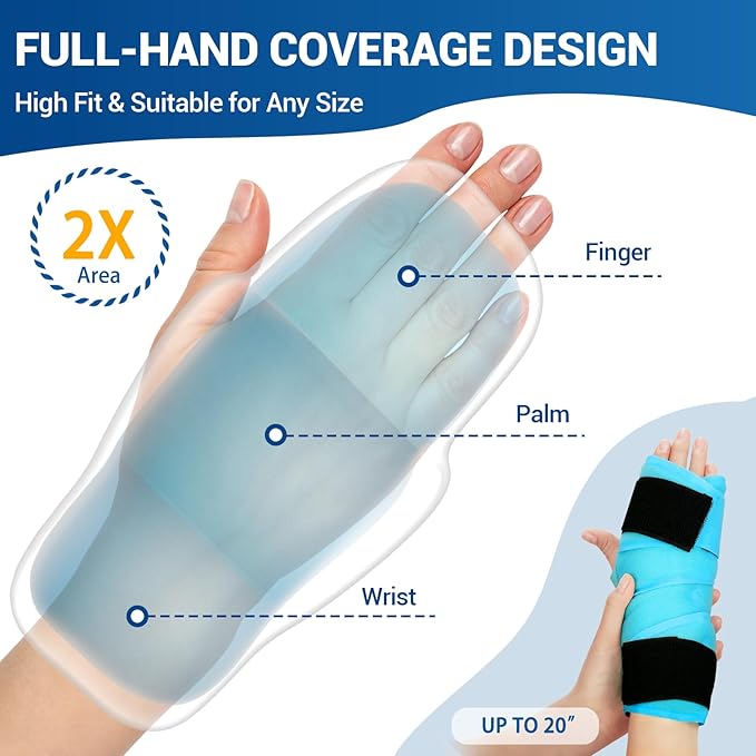 Comfytemp Full Hand Wrist Ice Pack Wrap for Carpal Tunnel Relief, 33" Wrist Brace Reusable Compression Hand Support for Injuries, Tendonitis, Arthritis, Swelling, Cold Hot Therapy