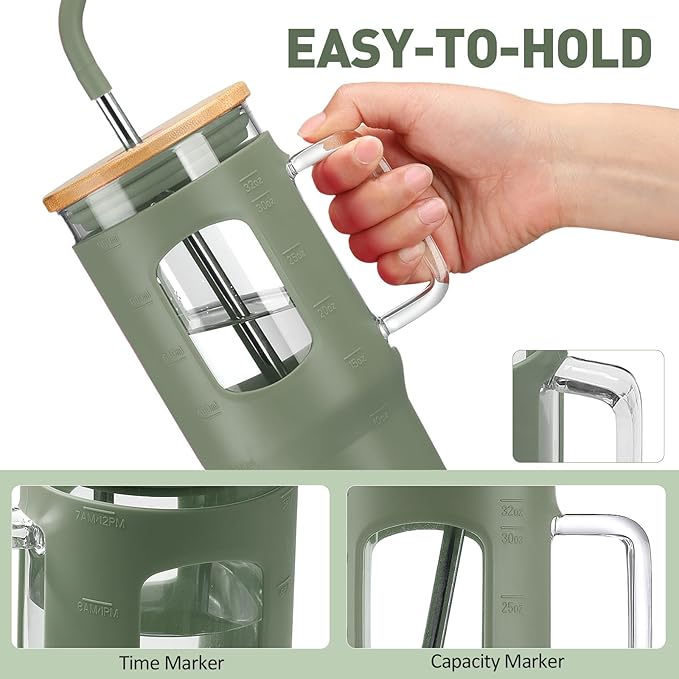 Glass Tumbler with Straw and Lid, 32 oz Glass Cup with Handle, Glass Water Bottles with Time Marker, 2 Straws - Pearl Straw & Drinking Straw Silicone Protective Sleeve-Olive