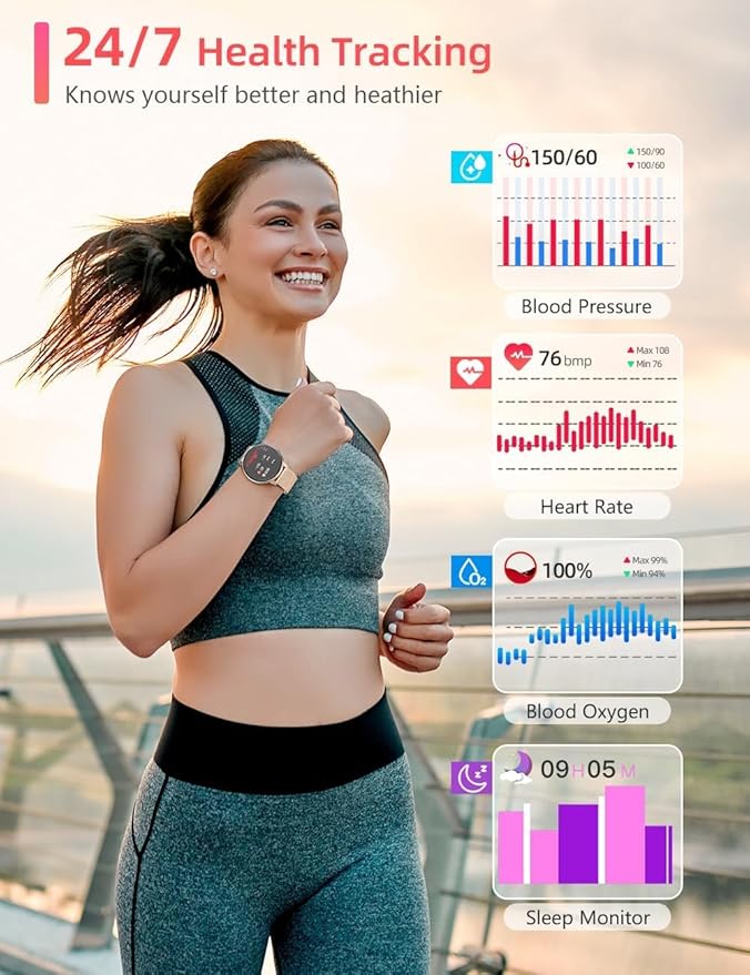 FILIEKEU Women Smart Watch Bluetooth Calls IP67 Waterproof Sport Fitness Tracker 1.39" HD Full Touch Screen Rose Golden mesh SmartWatches for Android iOS