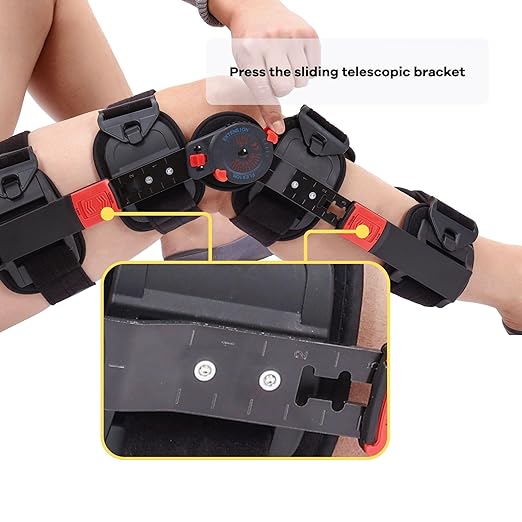 Hinged ROM Knee Brace with Shoulder Strap Post Op Knee Immobilizer Adjustable Knee Support with Side Stabilizers Medical Knee Orthopedic Support for Men and Women, Left or Right Leg (Red)