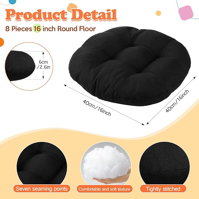 Fumete 8 Pcs 16 Inch Round Floor Cushions for Kids and Toddlers, Flexible Seating Classroom Furniture Floor Pillow for Home, Daycare, Preschool, Yoga and Meditation (Black)