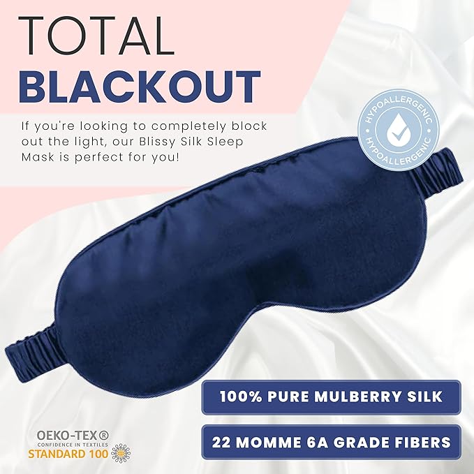 Blissy Silk Sleep Mask - Silk Eye Sleeping Mask for Women & Men for Total Blackout - 100% Pure Mulberry Silk, 22 Momme 6a Fibers - Blindfold Silk Sleep Mask Side Sleeper Eye Cover (Blue)