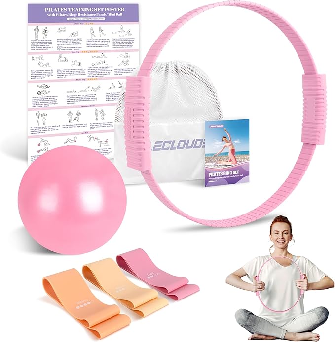 Pilates Essentials Kit for Women, 13.5" Pilates Ring and Ball Set with Resistance Bands for Home Workouts, Portable Pilates Kit with Bag & Training Poster for Full Body Exercise
