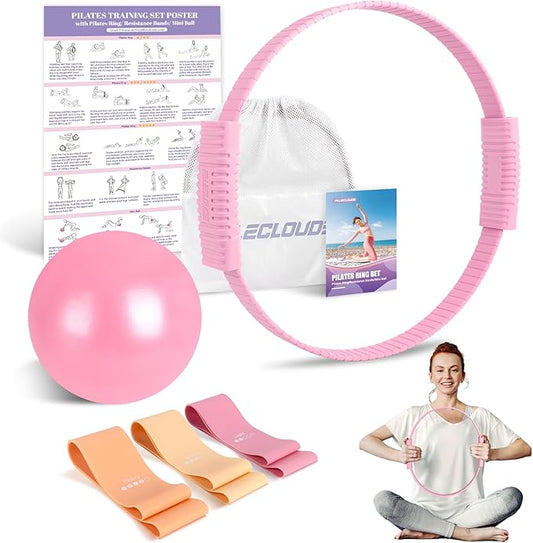 Pilates Essentials Kit for Women, 13.5" Pilates Ring and Ball Set with Resistance Bands for Home Workouts, Portable Pilates Kit with Bag & Training Poster for Full Body Exercise