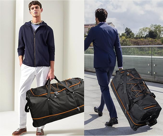 110L/140L Expandable Soft-Sided Foldable Duffle Bag with 2 Rubber Wheels,Packable 32” Rolling Carry-On with Multi-Pockets & Compartments,Black Orange