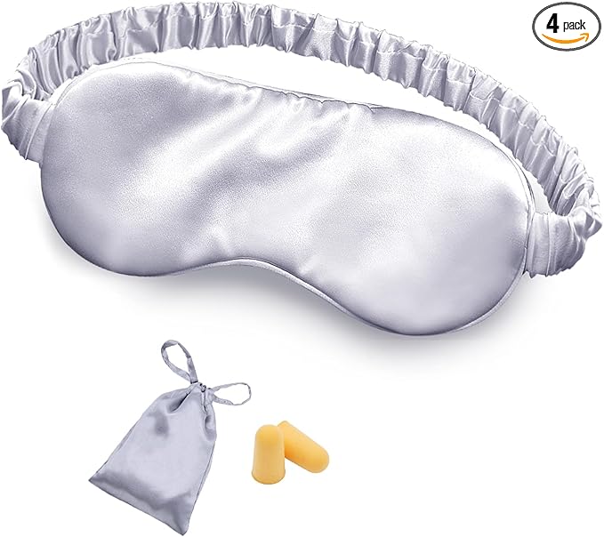 OLESILK Silk Sleep Eye Mask Blindfold with Double Layer Filling for Full Night's Sleep, Silk Wrapping Strap- Luxury Eye Cover Eyeshade for Women Men with Travel Bag and Ear Plugs, Silver