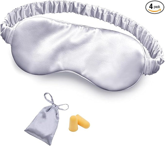 OLESILK Silk Sleep Eye Mask Blindfold with Double Layer Filling for Full Night's Sleep, Silk Wrapping Strap- Luxury Eye Cover Eyeshade for Women Men with Travel Bag and Ear Plugs, Silver
