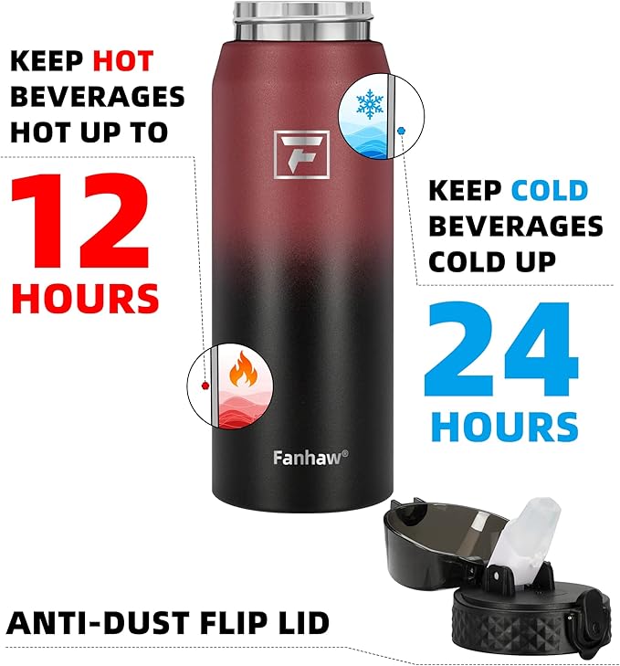 Fanhaw 24 Oz Stainless Steel Insulated Sports Water Bottles with Straw for Kids, Men and Women (Red Black)