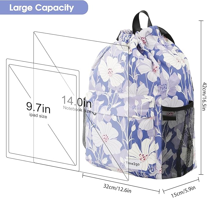 Drawstring Backpack Sports Gym Sackpack with Mesh Pockets String Cinch Beach Bag for Men Women(Blue Flower)