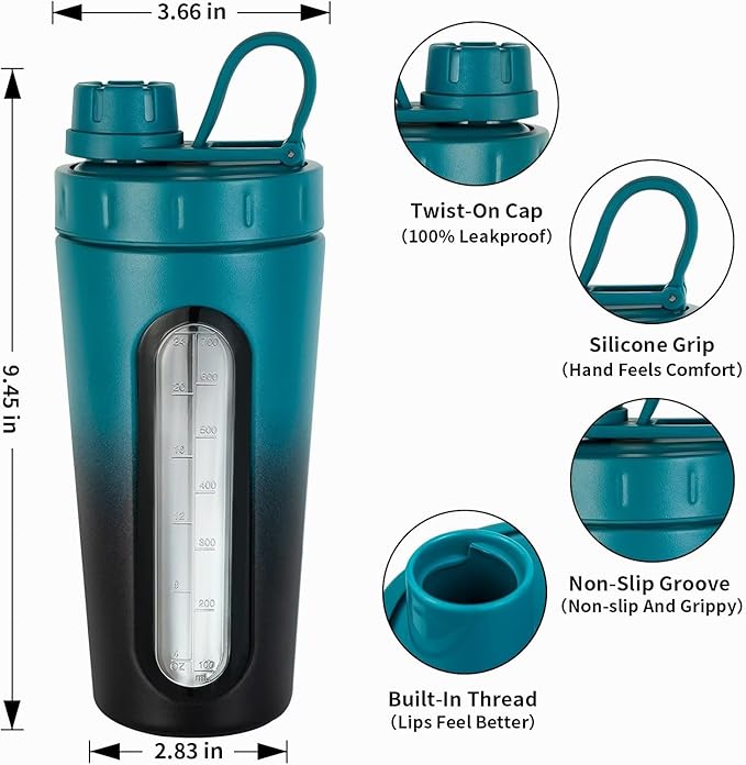 TOOFEEL Shaker Cups For Protein Shakes - 28 oz Stainless Steel Shaker Bottle, Not Stays Cold/Hot, Visible Window Protein Shaker with 2 Shaker Balls, Fitness Exercise Metal Shaker Bottle