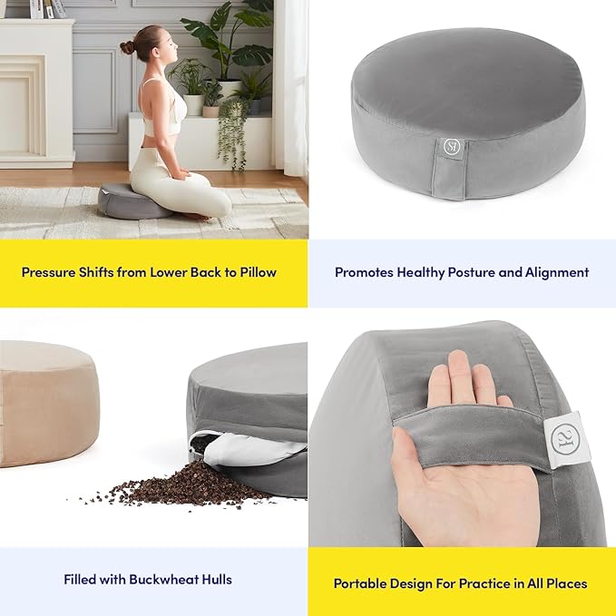 Meditation Cushion Bolster Pillow for Restorative Yoga – Supportive Cushion for Meditation, Pilates, and Relaxation – Filled with Buckwheat Hulls - Removable Cover