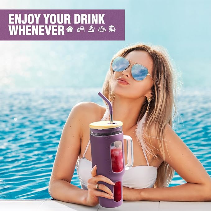 Glass Tumbler with Lid and Straw, 46 oz Iced Coffee Cup with Handle, Glass Water Bottles with Silicone Sleeve, BPA Free-Dark Purple