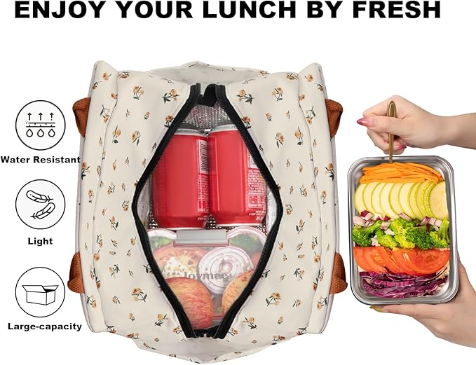 Joymee Lunch Bag Women Insulated Lunch Box Reusable Leakproof Large Spacious Cooler Tote for Women Men Adult with Bottle Holder and Side Pockets for Work Office Travel Picnic - Yellow Little Floral