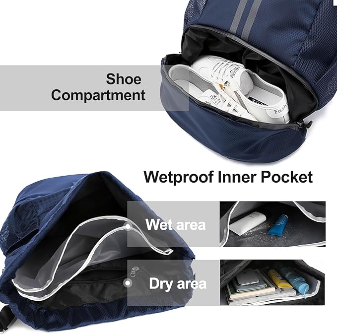 Hoedia Sports Drawstring Backpack - String Swim Gym Bag with Shoes Compartment and Wet Proof Pocket for Women/Men (Navy Blue)