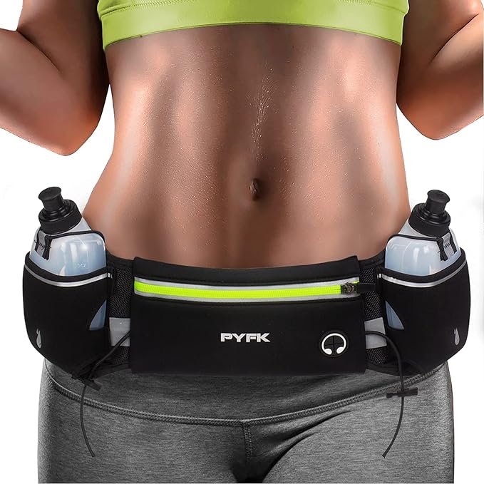 PYFK Running Belt with Water Bottles, Hydration Belt for Men and Women, Water Bottle Holder Running Pouch Water Belt, Fanny Pack Fits 7 inches Phones, Waist pack for Runner Jogging