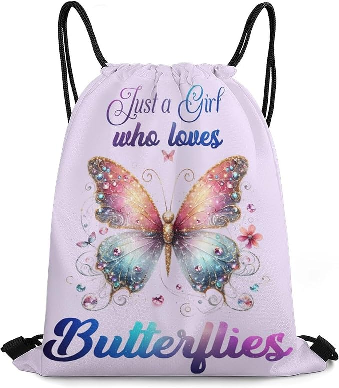 Butterfly Drawstring Backpack - Cute Cinch Sack, String Backpacks for Kids Boys Girls Women Men for Gym Outdoor Sports Travel Athletic Drawstring Bag - Lightweight/Foldable
