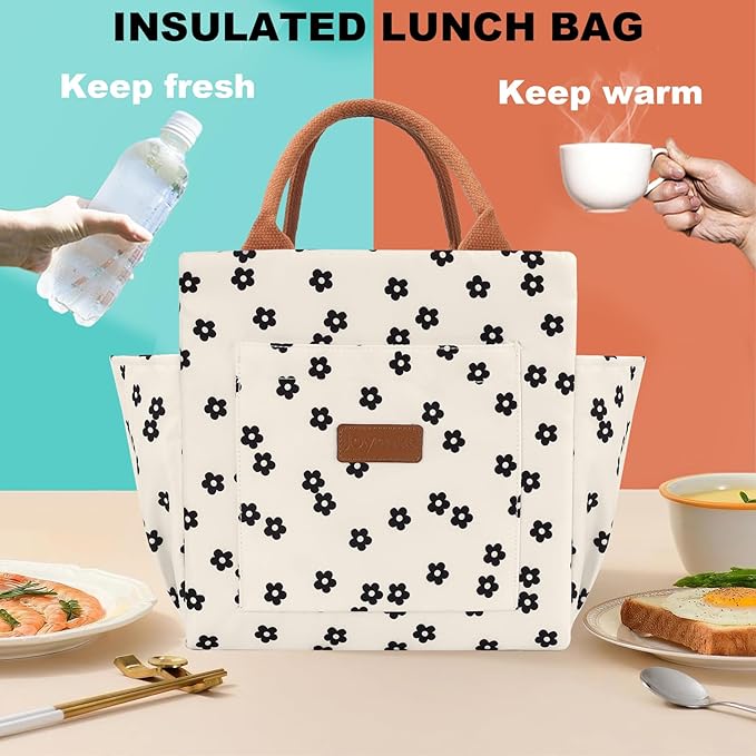 Joymee Lunch Bag Women Insulated Lunch Box Reusable Leakproof Large Spacious Cooler Tote for Women Men Adult with Bottle Holder and Side Pockets for Work Office Travel Picnic - Black Little Floral