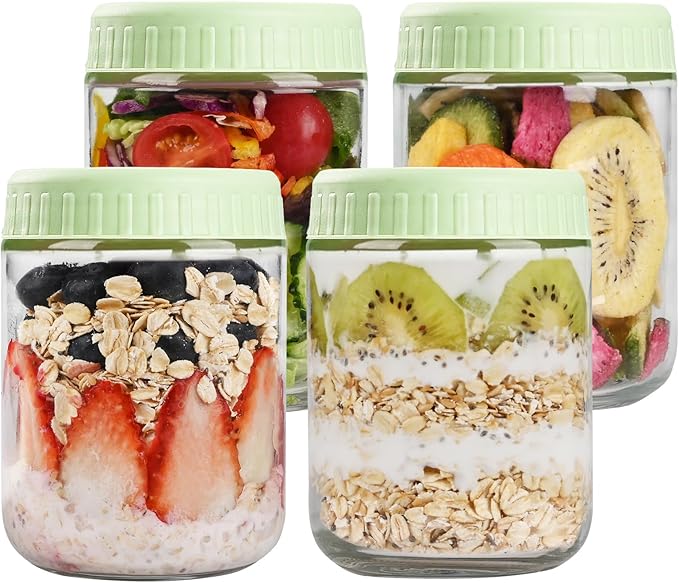 Overnight Oats Containers with Lids, 16oz Glass Jars with Lids 4 pcs, Light Green, Wide Mouth Mason jars for Salad, Yogurt, Snacks, Meal Prep