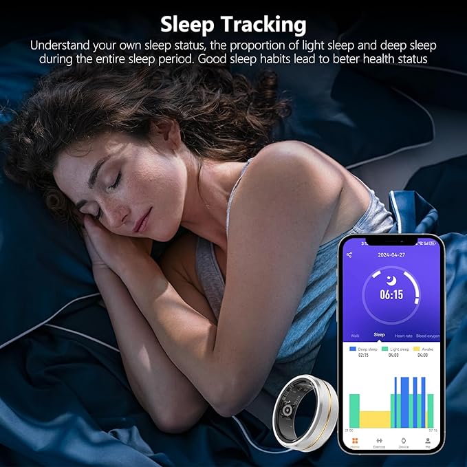 Fitness Tracker Smart Ring,Step Counter,Heart Rate Blood Oxygen Sleep Tracker Health Ring, 5ATM Waterproof Long Battery Life Smart Rings Compatible with iOS & Android (Silver with Middle Gold, US 10)