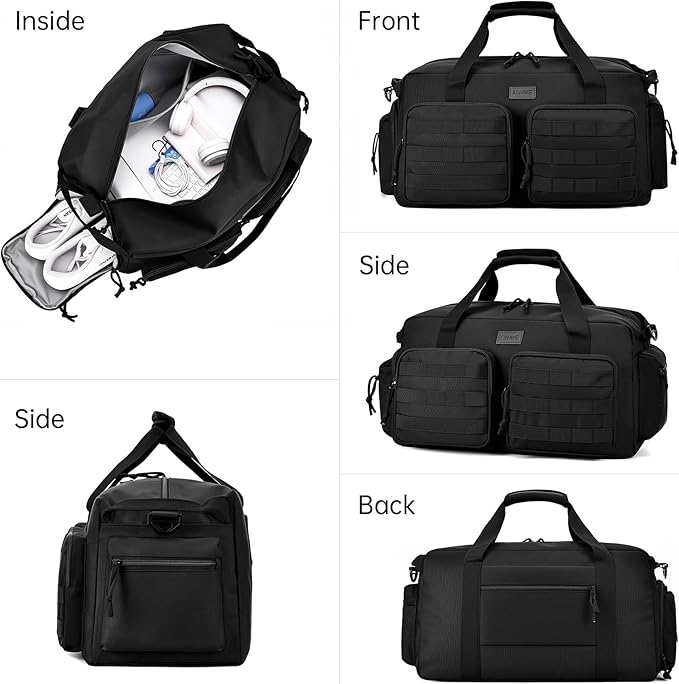 Duffle Bag for Men Women, Gym Bags & Tactical Duffle Bag with Shoe Compartment, Weekender Overnight Bag for Travel Workout, Black