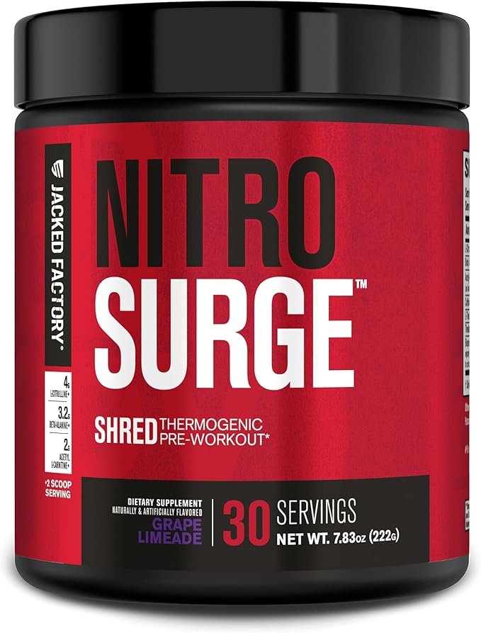Jacked Factory NITROSURGE Shred Pre Workout Supplement - Energy Booster, Instant Strength Gains, Sharp Focus, Powerful Pumps - Nitric Oxide Booster - 30Sv, Grape Limeade